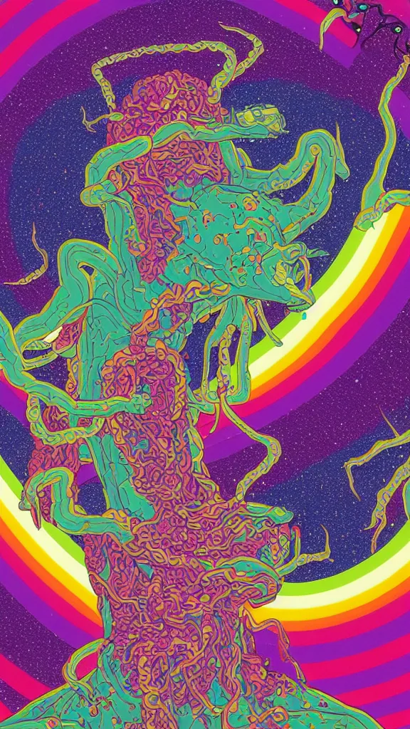 Image similar to a portrait of a lernaean hydra with human heads and psychedelic arms on an acid trip in a multicoloured rainbow in the cosmos, flat design, screen print by Kawase Hasui and dan hillier, 8k unreal engine