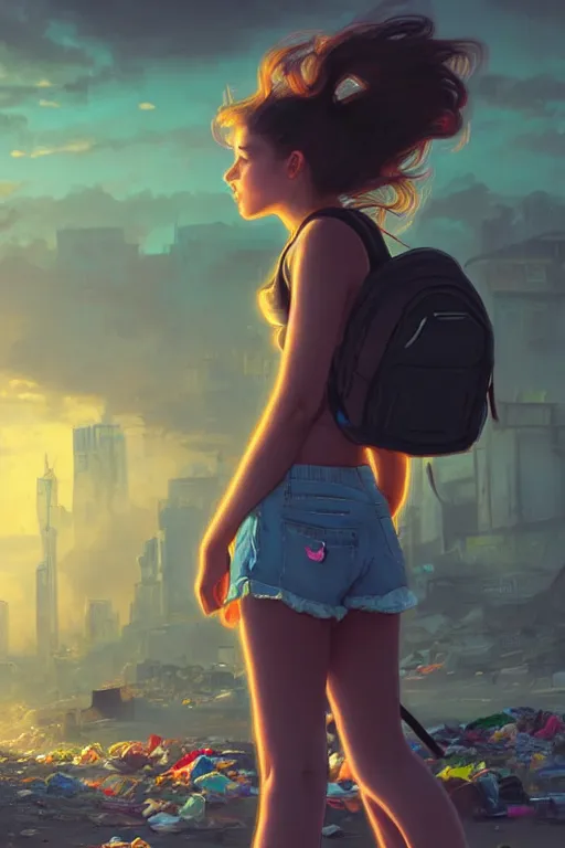 Image similar to beauty teenage girl minishort with backpack looking at food at garbage dump, destroyed cars, city is pure wasteland, moody sunset background, rays of sunlights, ( ( ( rainbow ) ) ), high details, sharp, photorealism, cinematic, greg rutkowski, alphonse mucha, trending on artstation, artgerm, unreal engine, highly detailed