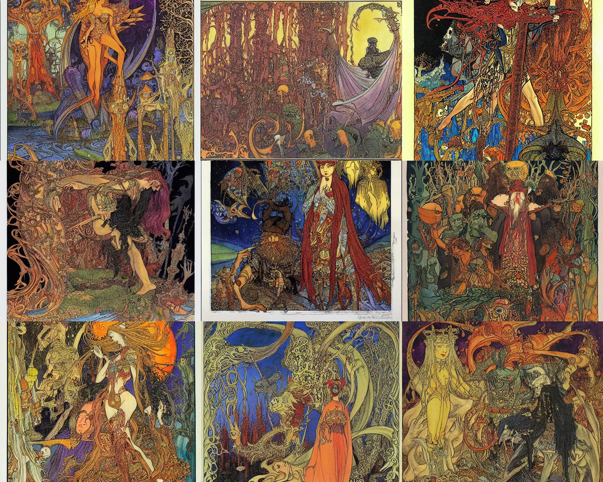 Prompt: painting of dark fantasy by ivan bilibin and micheal kaluta