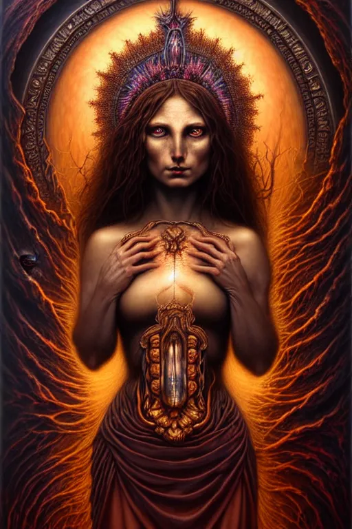 Image similar to A beautiful detailed goddess woman super dark tarot card, by tomasz alen kopera and Justin Gerard, 3rd eye open, beautiful symmetrical features, ominous, magical realism, texture, intricate, ornate, royally decorated, melting, whirling smoke, embers, red adornements, red torn fabric, radiant colors, fantasy, trending on artstation, volumetric lighting, micro details, 3d sculpture, ray tracing, 8k, anaglyph effect