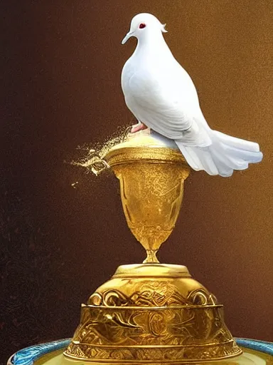 Prompt: a white dove holding a catholic host in a golden cup water fountain. intricate, elegant, highly detailed, digital painting, artstation, concept art, sharp focus, illustration, by justin gerard and artgerm, 8 k