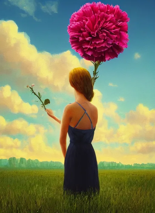 Prompt: portrait of a woman with a giant carnation as a face, flower field, surreal photography, sunset dramatic light, impressionist painting, colorful clouds, blue sky, digital painting, artstation, simon stalenhag