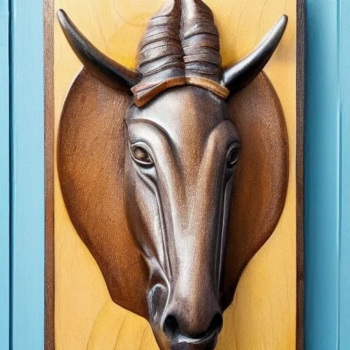 Image similar to https://cdn.discordapp.com/attachments/989739627244048384/1006379547937210528/Garbonzo_a_fancy_wooden_plaque_that_says_The_Mule_on_it_realist_428cc2f1-fcbb-4677-9a55-e7042bff826e.png wooden portrait of a mule, highly detailed, strikingly beautiful, captivating