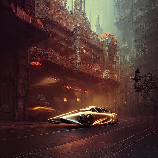 Image similar to cyborg cyber vintage supercar slick warm tones : by michal karcz, daniel merriam, victo ngai and guillermo del toro : ornate, dynamic, particulate, intricate, elegant, highly detailed, centered, artstation, smooth, sharp focus, octane render