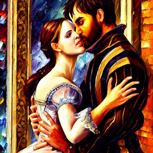 Image similar to highly detailed painting of shakespeare's romeo and juliet in the city of verona, italy. intricate, high quality oil painting artstyle, in the style of leonid afremov, deviantart, figurative art, deviantart, ilya kuvshinov, lovecraftian, very detailed face, portrait