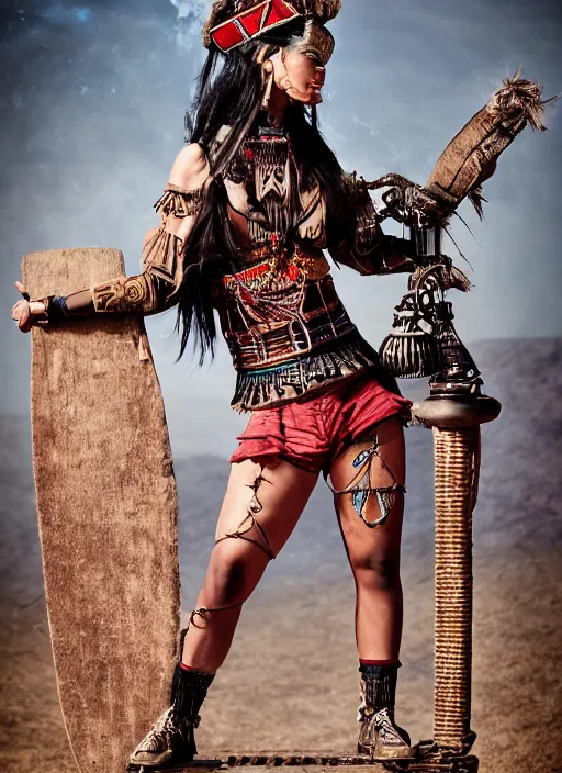 Image similar to old vintage full body photo of aztec ancient priest female on the complex big steam punk aeroboard with antigravity engine, extreme sports photography , dynamic photography,clean symmetrical face, high speed,dirt and grawel flying in the spot, lens flares, dust in the air, dramatic lighting, intricate, highly detailed, centered, smooth, sharp focus, sports photography, old photo, black and white, sepia, cinematic lighting, cinematic angle, national geographic