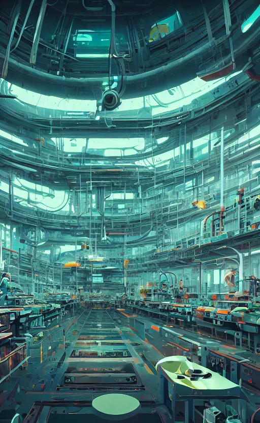 Image similar to Interior shot of a futuristic factory by Petros Afshar and Beeple, James Gilleard, Mark Ryden, Wolfgang Lettl highly detailed