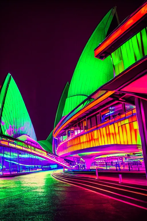 Image similar to neon streets of sydney opera, 4 k, award winning photo, cyberpunk style