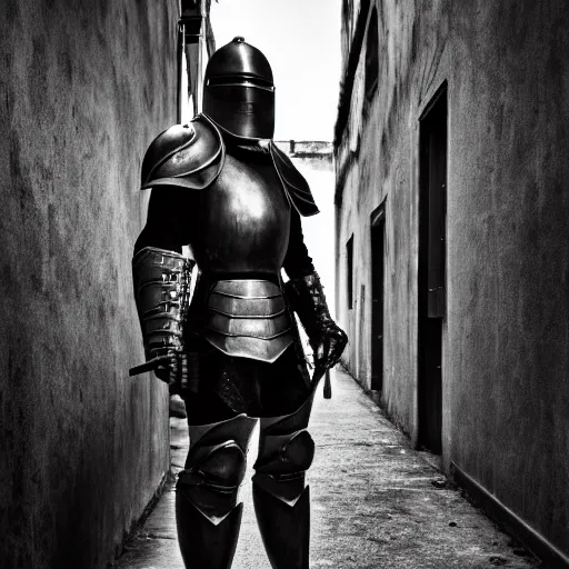 Image similar to Aging knight in black plate armor stands alone in empty alley, character portrait, moody, highly detailed