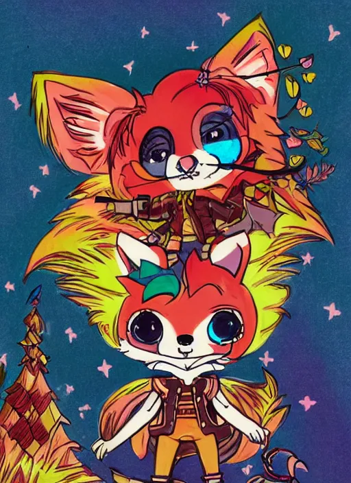 Image similar to A vintage painted illustration of an adorable chibi rogue fox anime guy in the style of Lisa Frank Babs Tarr Hantine Hsu sitting in a couture leather and spike vest that has skulls on it