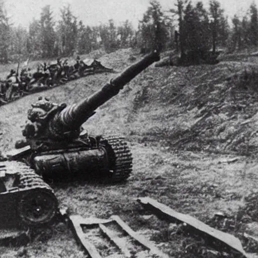 Image similar to a picture of a enormous bear pulling a towed canon behind him, eastern front, ww 2, historical picture