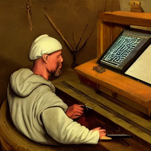 Prompt: a dirty peasant writing code on a medieval computer like device