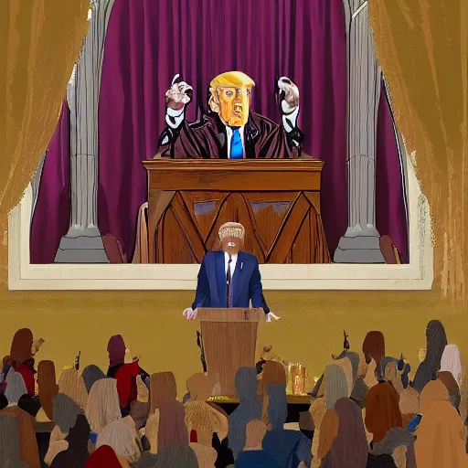 Image similar to trump as professor dumbledore giving a speech in the dining room in hogwarts, detailed, intricate, digital art