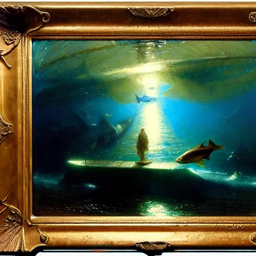 Image similar to point of view of deep in the ocean looking up, you see fishes, the milk way, night time, midnight, no sunlight. highly detailed painting by gaston bussiere, greg rutkowski 8 k