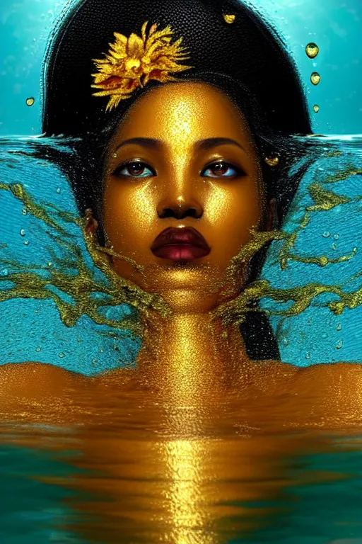 Prompt: hyperrealistic neo - classical cinematic very expressive! black oshun goddess, open eyes, body in water, mirror dripping droplet!, gold flowers, highly detailed face, digital art masterpiece, smooth eric zener cam de leon dramatic pearlescent teal light, ground angle uhd 8 k, sharp focus