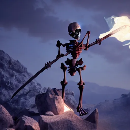 Image similar to a skeleton samurai, standing on the edge of a cliff holding a glowing sword of ice, at midnight, cinematic shot, cinematic lighting, volumetric lighting, 8k, digital art, trending on artstation, vray, ray tracing