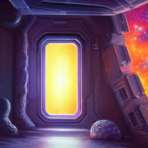 Image similar to A hyperdetailed digital oil painting of A doorway to the galaxy, Trending on ArtStation and DeviantArt