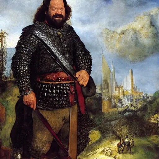 Prompt: bud spencer as king arthur, with crown and chainmail, camelot in the background, oil painting by rembrandt, composition, full body