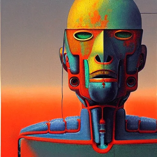 Image similar to portrait of a colourful tribal mecha robot, symmetrical, painting by zdzislaw beksinski,
