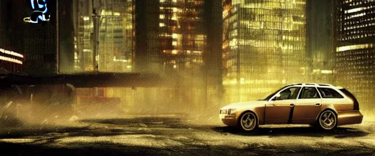 Image similar to Audi A4 B6 Avant (2002), a gritty neo-noir, Max Payne (PC) (2001) winter new york at night, dramatic bright lighting, cinematic, establishing shot, extremely high detail, photorealistic, cinematic lighting, artstation, by simon stalenhag, dark night, bright lights, eldritch horror