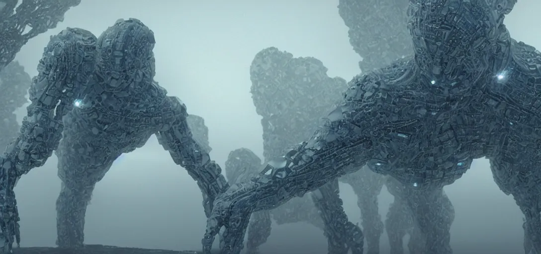 Image similar to a complex organic fractal 3 d metallic symbiotic ceramic humanoid megastructure creature in a suburban home, foggy, cinematic shot, photo still from movie by denis villeneuve, wayne barlowe