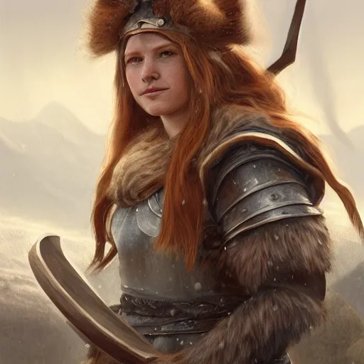 Image similar to an female viking with a helmet and ginger hair smilling, blizzard mountains backround, village, digital painting, artstation, concept art, soft light, hdri, smooth, sharp focus, illustration, fantasy, intricate, elegant, highly detailed, D&D, matte painting, in the style of Greg Rutkowski and Alphonse Mucha and artemisia, 8k,