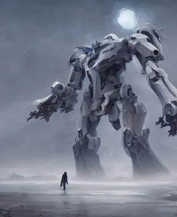 Prompt: surreal romantic mecha covenant deformation horizontal mecha memorial building, futuristic berserk white architecture in the beach in iceland, foggy, highly detailed, digital painting, arstation, concept art, hyperealistic octane render, unreal engine, by ruan jia