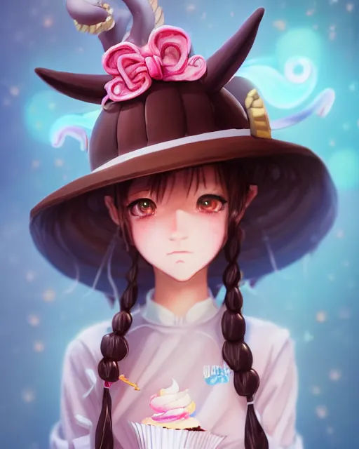 Image similar to a girl as personification of chocolate cupcake, character design, cute hats, unreal engine, highly detailed, digital illustration by artgerm, tooth wu, studio ghibli, sharp focus, artstation. ribbons, dog ears, fractal swirls. a fantasy bakery by studio ghibli, makoto shinkai, global illumination, sweets,