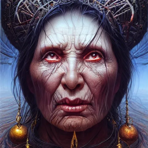 Prompt: a hyperrealistic acrylic portrait painting of baba - yaga by artgerm, beksinski and thomas kinkade. intricate details. believable eyes. front on, symmetrical. epic fantasy art.