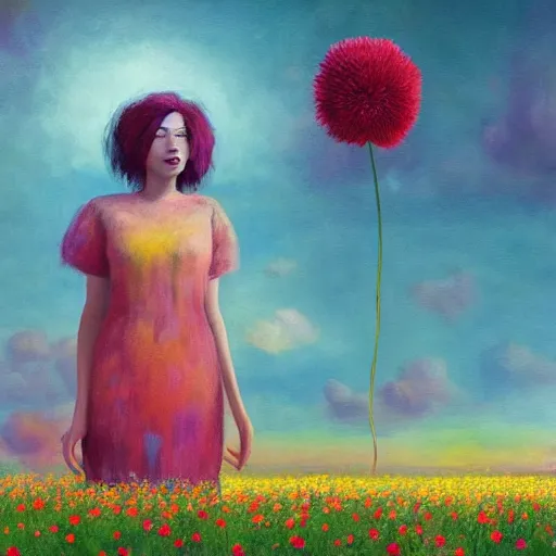 Prompt: woman with flower as face, surreal photography, standing in flower field, sunrise dramatic light, impressionistic painting, colorful clouds, artstation, dali, simon stalenhag