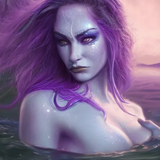 Prompt: a realistic night elf goddess emerging from a Lake at midnight, light purple skin, highly detailed, digital painting, Trending on artstation , HD quality, by Glenn Rane and Samwise Didier, dramatic light, octane