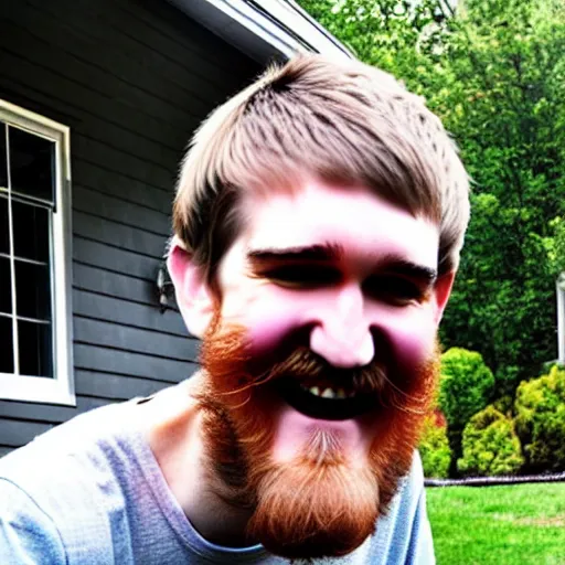 Prompt: bearded bo burnham outside of his house, smiling and dancing