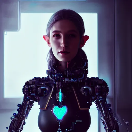 Image similar to full body portrait, cyberpunk robotic elvish queen, extremely detailed, hyperrealistic, intricate, soft light, fantasy, digital painting, art station, by wlop, 4 k