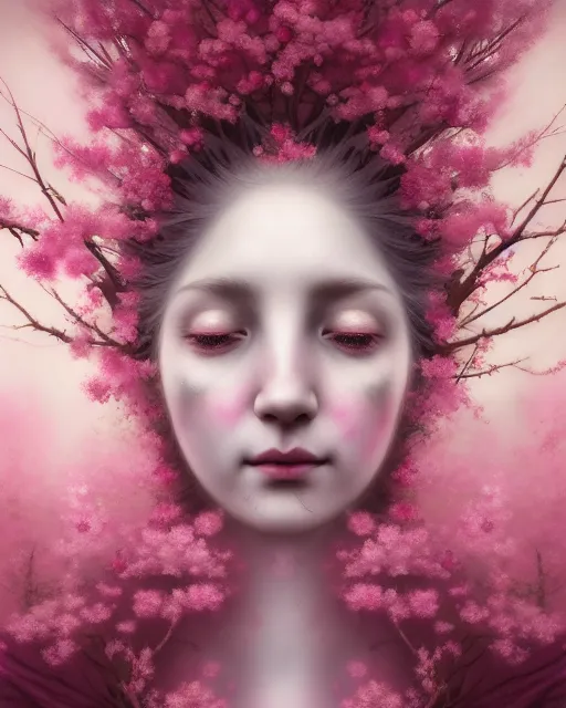 Image similar to Full View Portrait Mystical ethereal Cherry Tree deity made of Sakura blossoms wearing beautiful dress, Sakura Dryad made of Sakura beautiful dress with pink hair, 4k digital masterpiece by Tom Bagshaw and Alberto Seveso, in the style of Ruan Jia, fantasycore, Hyperdetailed, realistic oil on linen, soft lighting, Iconography background, featured on Artstation