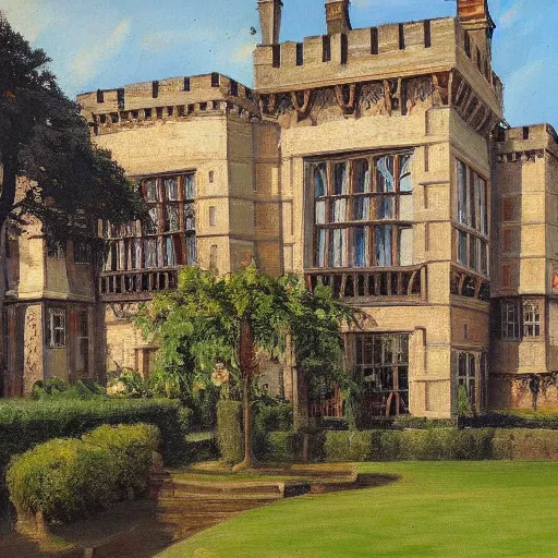 Prompt: oil painting of a Tudor palace with gardens, well lit, detailed