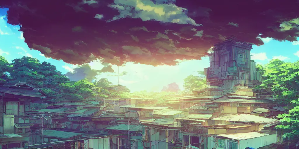 Prompt: vivid 80s anime indonesian architecture and landscape by makoto shinkai, beautiful, gorgeous, dramatic lighting, rule of thirds, perfect composition, trending on ArtStation, 8k