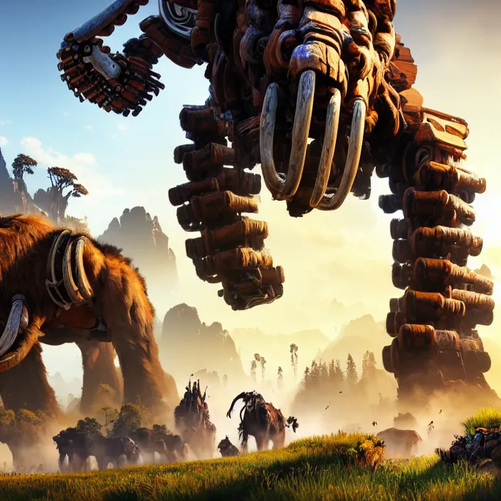 Image similar to photo of a mechanised mammoth in the style of horizon zero dawn, highly detailed, 4 k, hdr, smooth, sharp focus, high resolution, award - winning photo