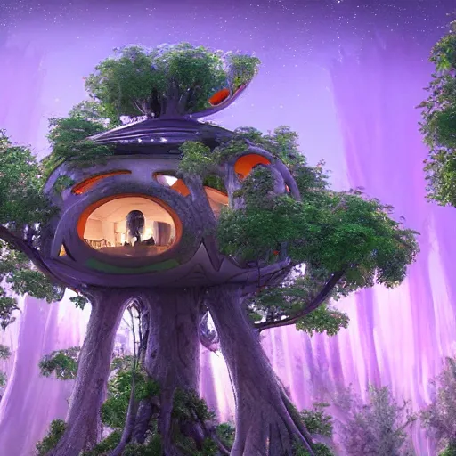 Prompt: futuristic treehouse in alien forest with unusual trees detailed luminescent magical realism painting 4k unreal engine
