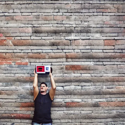 Prompt: a photo of someone throwing a question block from the mario videogames on to the floor, breaking