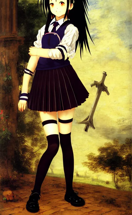 Prompt: school girl in gothic dress, school uniform, seifuku, pleated miniskirt, overknee socks, ai enma, battle angel alita. by rembrandt 1 6 6 7, illustration