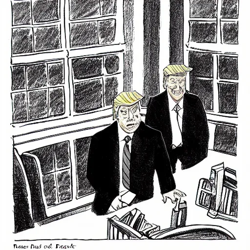 Image similar to new yorker cartoon by rod chast of donald trump, black and white,