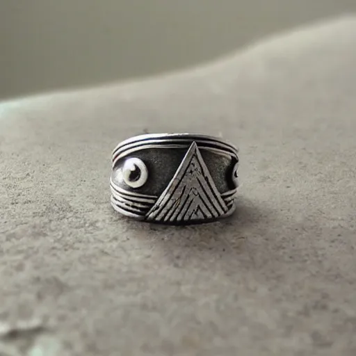 Prompt: a silver ring design inspired on mountains and nature, bohemian style, macro photography