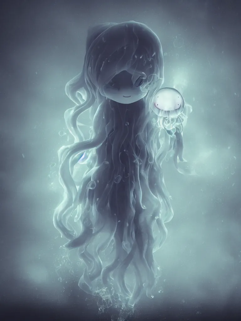 Prompt: cute fumo plush beautiful chibi ectoplasmic gothic witch jellyfish ghost girl, glowing milky wisps of hazy smoke and volumetric fog on a heavy rainstormy reflective river in the falling rain, lens flare, subsurface scattering, vignette, asymmetry, bokeh, refraction, vray