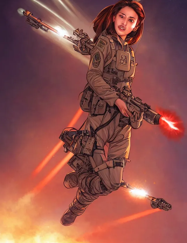 Image similar to a brown - haired woman in a military uniform hovering in the air glowing with red light and crackling energy, by tian zi and artgerm and xiaoguang sun and moebius, trending on artstation, digital art, 4 k resolution, detailed, high quality, sharp focus, hq artwork, coherent, insane detail, concept art, character concept, character full body portrait