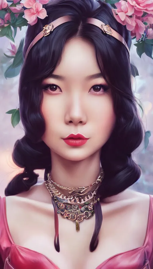 Image similar to a pin up and beautiful fashion and charming and dreamlke asian girl with lv jewelry, medium shot, art by artgerm & ross tran & wlop, hyperdetailed, 8 k realistic, symmetrical, frostbite 3 engine, cryengine, dof, trending on artstation, digital art