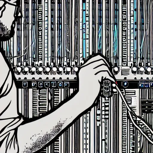 Image similar to illustration of a person made of patch cables using a modular synthesizer