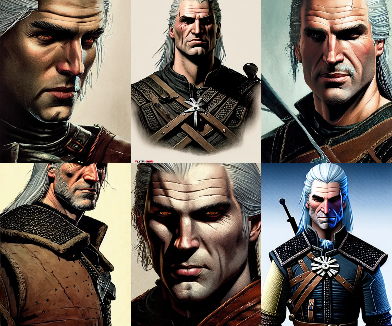 Prompt: portrait of geralt of rivia, concept art, photorealistic, hyper - realistic, behance, trending, by alex ross, norman rockwell, tim bradstreet and darwyn cooke