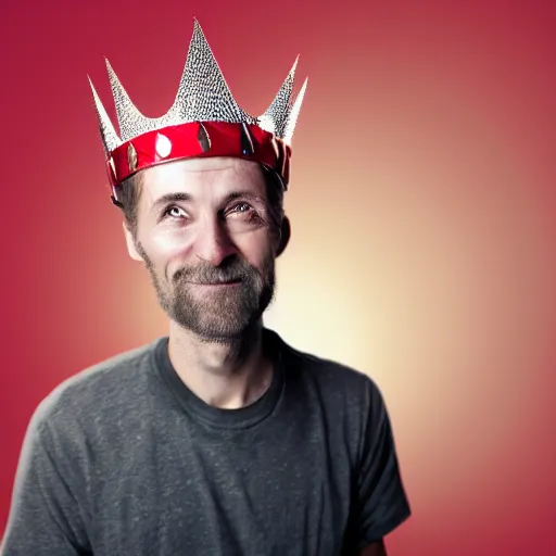 Image similar to man with a crown, smirk, photograph, black backgrounds, glowing red eyes, low poly