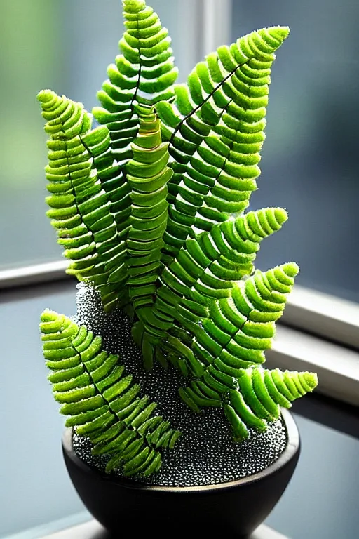 Image similar to crystals shaped like exotic succulent fern shrubbery, a potted plant made of gemstones in a windowsill