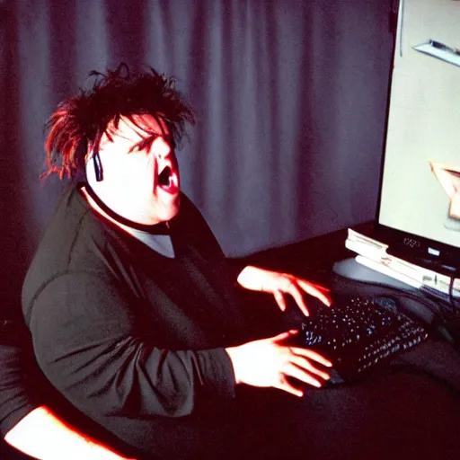 Image similar to obese Robert Smith wearing a headset yelling at his monitor while playing WoW highly detailed wide angle lens 10:9 aspect ration award winning photography by David Lynch
